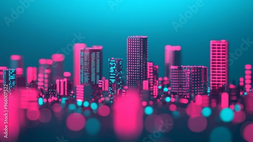 Futuristic cityscape with glowing buildings in vibrant pink and blue colors, creating a modern urban atmosphere.