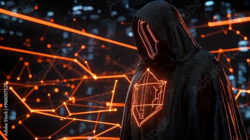 Cyber security and hacking are represented by a mysterious figure in a hood with a digital shield, surrounded by red particles. photo