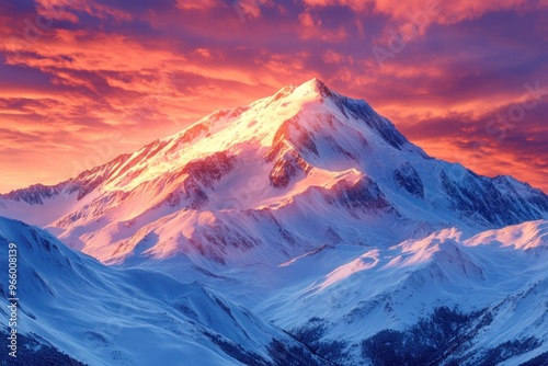 Majestic Snowy Mountain Peak at Sunset with Vibrant Sky