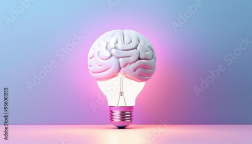 Creative concept image of a light bulb with a brain inside, symbolizing intelligence, innovation, and bright ideas against a gradient background. photo