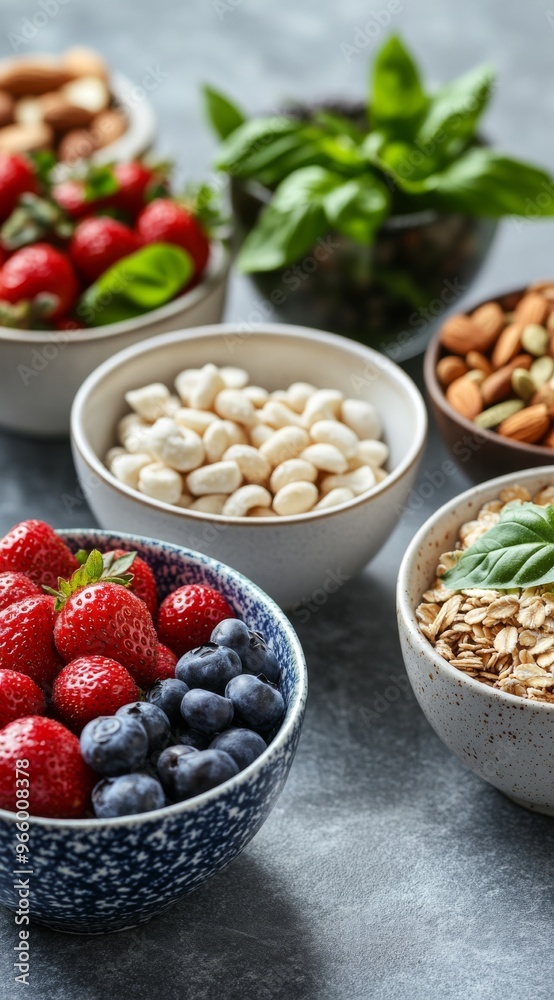 Fresh fruits, nuts, and grains arranged in bowls on a textured surface for a healthy meal prep Fresh fruits, nuts, and grains arranged in bowls on a textured surface for a healthy meal prep