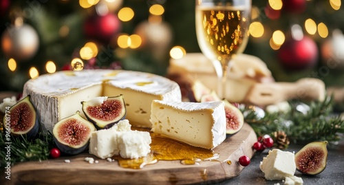 A festive cheese platter with fruits and honey on a wooden board during a win...