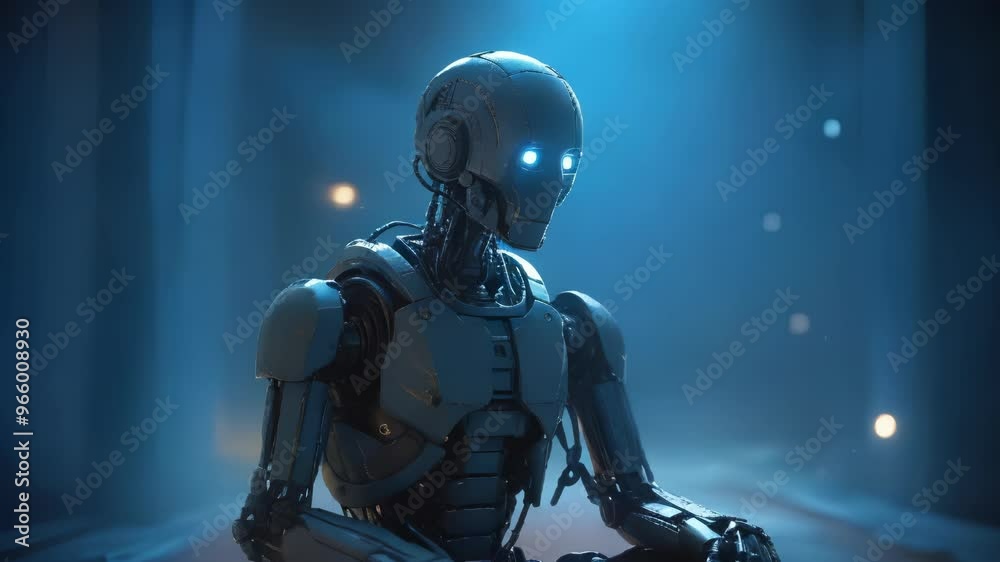 Cyborg Robot in Futuristic City at Night with Blue Lights Cyborg Robot in Futuristic City at Night with Blue Lights