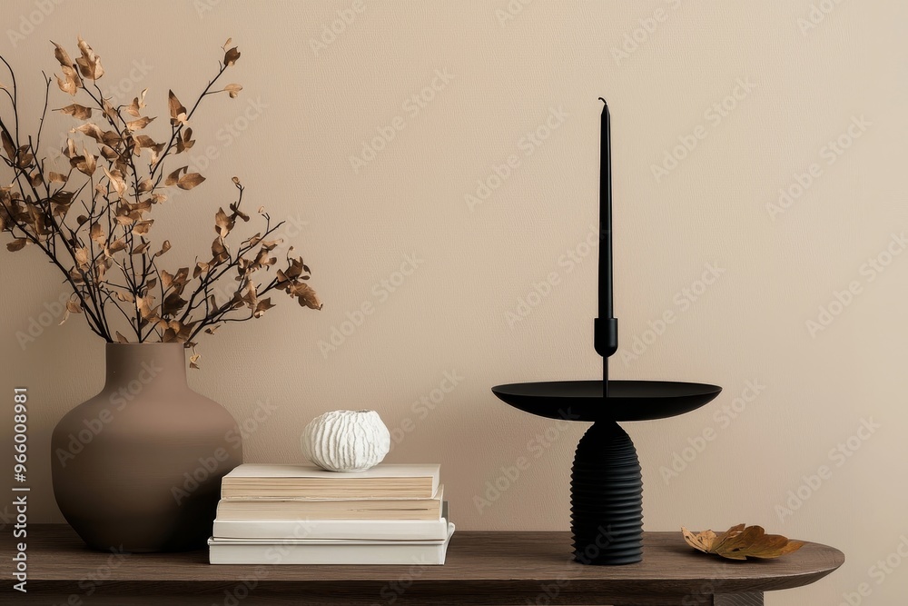 In this minimalist interior shelf setup, a lit candle rests in a unique holder while an hourglass, books, and a decorative marble bookend add a touch of elegance. In this minimalist interior shelf setup, a lit candle rests in a unique holder while an hourglass, books, and a decorative marble bookend add a touch of elegance.