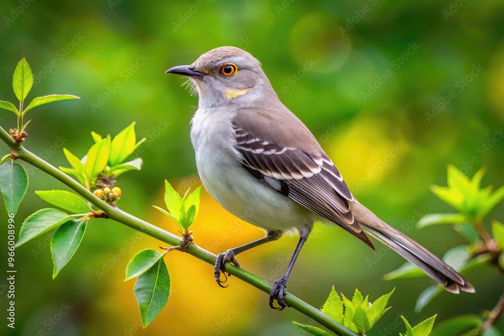 A Close-Up Of A Northern Mockingbird Perched On A Branch With A Blurred Background Of Green Leaves. A Close-Up Of A Northern Mockingbird Perched On A Branch With A Blurred Background Of Green Leaves.