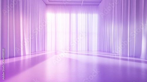 Serene purple corridor illuminated by soft light at dawn with elongated shado...