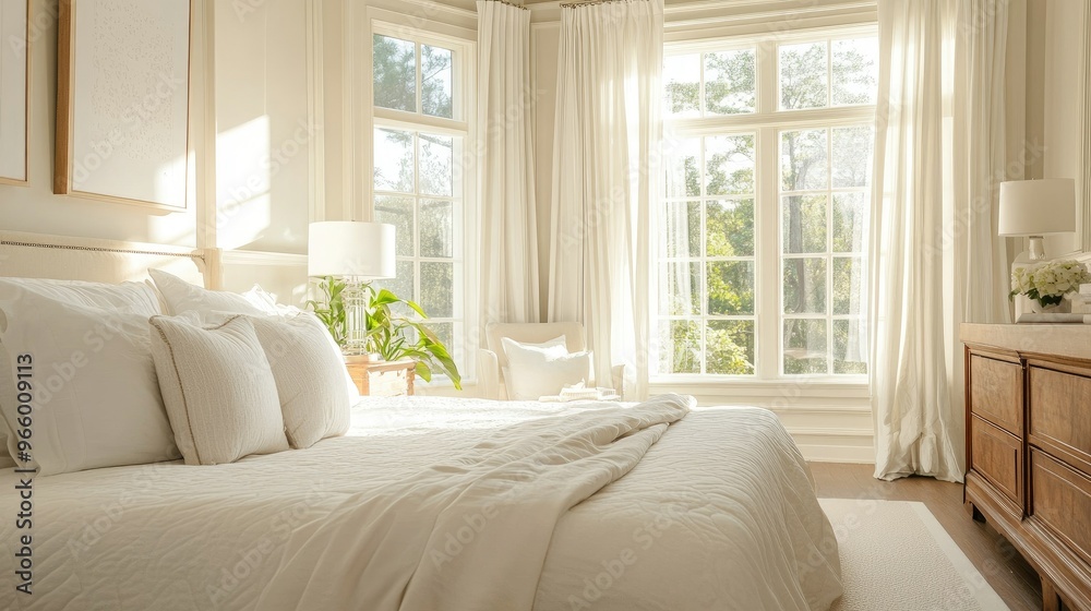 A bright bedroom featuring a double bed, elegant decor, and large windows, offering a peaceful and airy living space. A bright bedroom featuring a double bed, elegant decor, and large windows, offering a peaceful and airy living space.