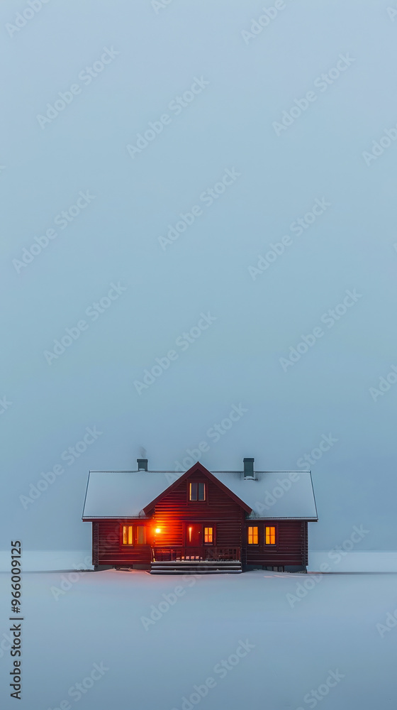 Fototapeta premium Cozy cabin with warm light in snowy winter landscape