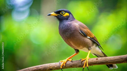 A Close-Up Photo Of A Mynah Bird Perched On A Branch, With A Blurred Green Background And A Prominent Yellow Eye.