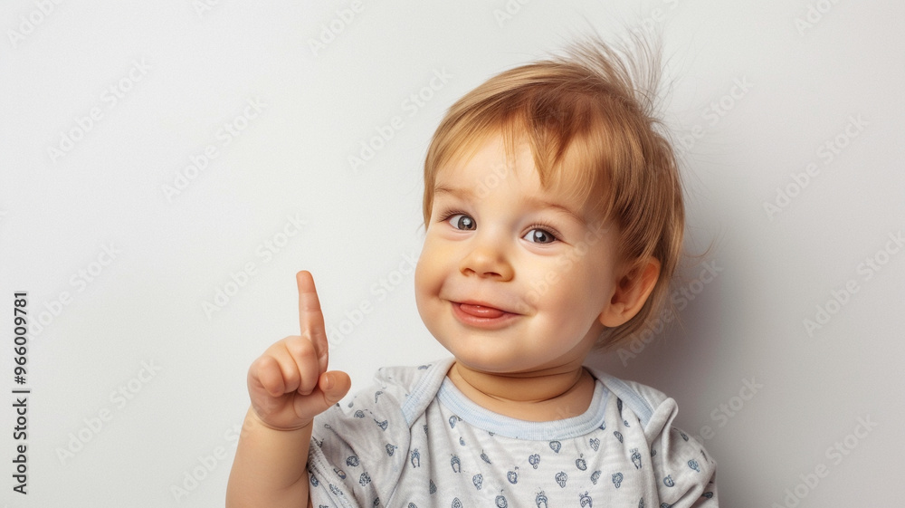Adorable baby with light brown hair smiling playfully and holding up one finger, wearing a patterned onesie against a soft white background, capturing innocence and joy Adorable baby with light brown hair smiling playfully and holding up one finger, wearing a patterned onesie against a soft white background, capturing innocence and joy