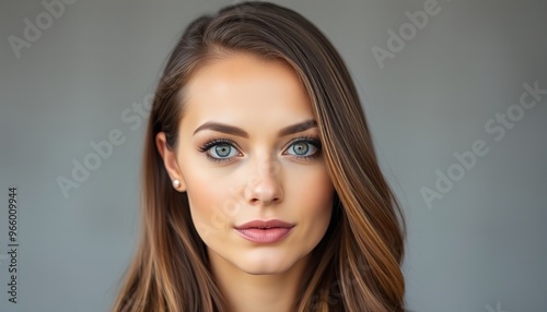 a close up of a woman with long hair and blue eyes.