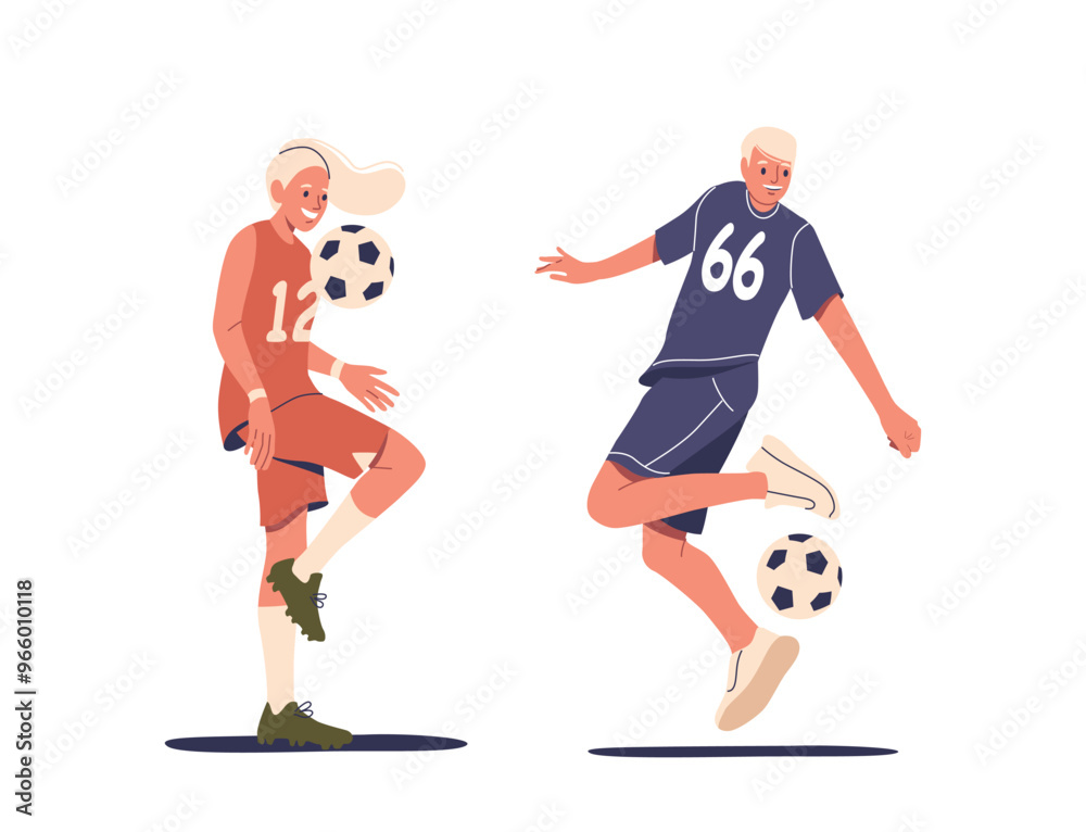 Fototapeta premium Two Energetic Football Players Showcasing Dynamic Poses And Skillful Moves With The Ball. Both Players Express Joy