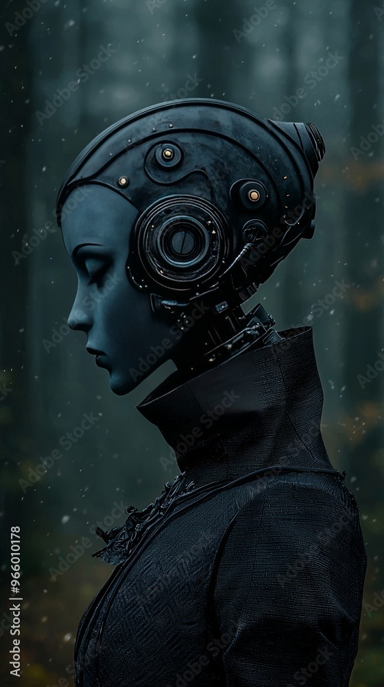 Futuristic Cyborg Woman in Forest Snowfall