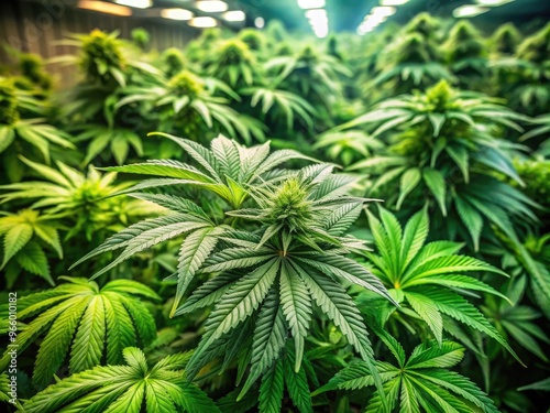 A Close-Up Shot Of Marijuana Plants Thriving In An Indoor Growing Environment, Showcasing The Lush Green Leaves And Intricate Patterns.