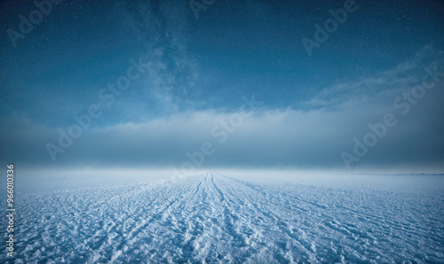 A vast expanse of ice stretches towards the horizon under a cloudy, blue sky photo