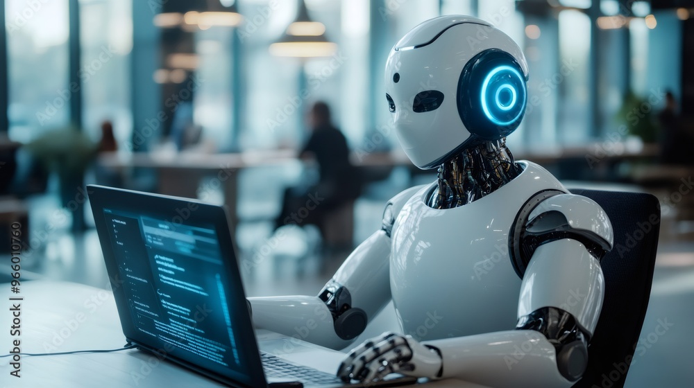 A humanoid robot sits at a desk in an office, working on a laptop. A humanoid robot sits at a desk in an office, working on a laptop.
