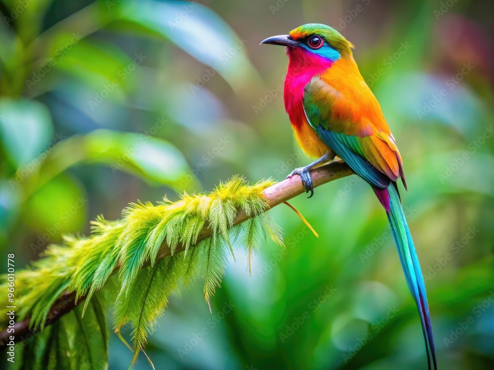 Fototapeta premium A Colorful, Medium-Sized Bird With A Long Tail And Vibrant Plumage Perches On A Branch Against A Blurred Background Of Lush Greenery.