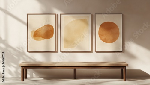Artistic display of three abstract paintings in warm tones on a minimalist wa...