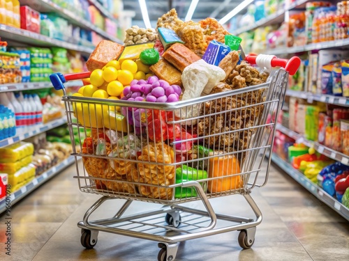 A colorful, overflowing shopping cart is filled to the brim with unhealthy snacks, sugary treats, and processed foods, amidst a cluttered grocery store background. photo