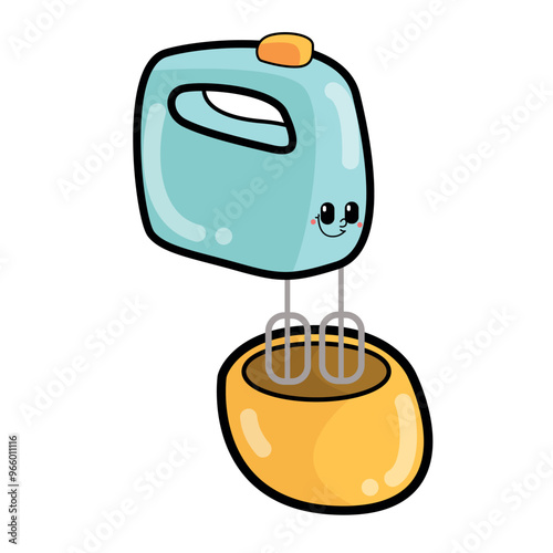 Cute illustration of green mixer and yellow bowl. Illustration of cookware logo and icon design