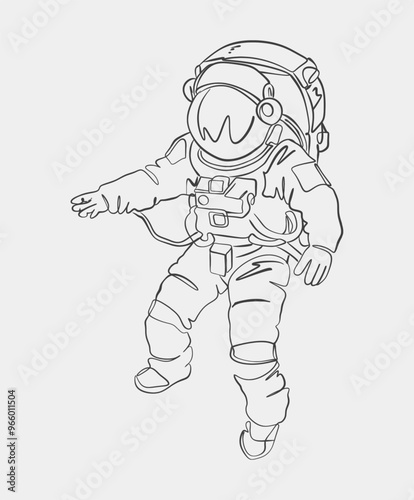 Detailed black and white line illustration of an astronaut floating in space, ideal for educational materials, designs, or science-related projects.