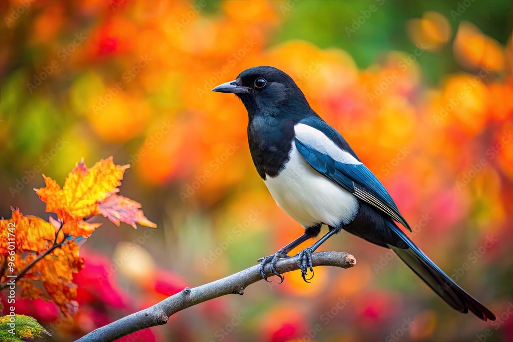 A Colorful Magpie Perched On A Branch Against A Blurred Background With Vibrant Foliage A Colorful Magpie Perched On A Branch Against A Blurred Background With Vibrant Foliage