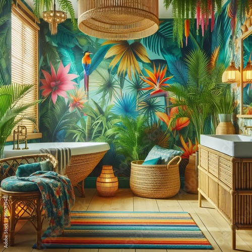 Tropical Paradise Bathroom Vibrant colors exotic plants and trop photo