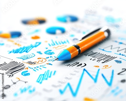 Close-up of a blue and orange pen resting on colorful graphs and charts, symbolizing analysis and data management.