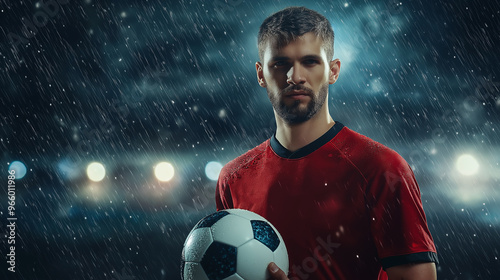 The red soccer player kicked the ball back on the field in the stadium, energizing their team. soccer, player, red, ball, stadium, team, back, field, cup, coach, game, club, match, training