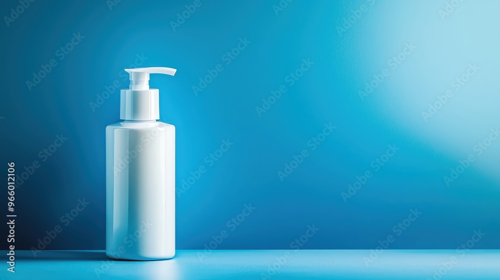 Minimalist white bottle with pump against a blue background, ideal for beauty or cosmetic product display. Minimalist white bottle with pump against a blue background, ideal for beauty or cosmetic product display.