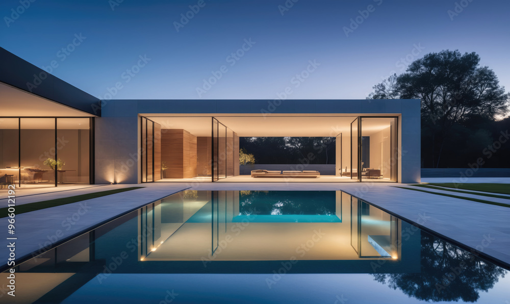 Obraz premium A modern home with a large pool at dusk