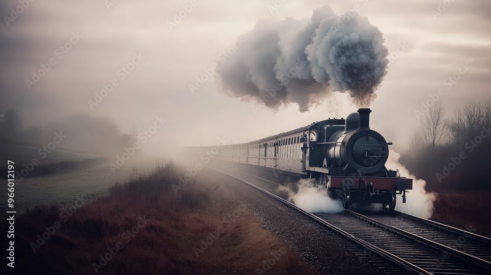 Fototapeta premium Steam Train in a Foggy Landscape