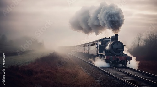 Steam Train in a Foggy Landscape