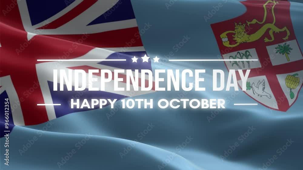 Fiji Independence Day, Happy October 10 Lettering text animation, waving flag background, fireworks
