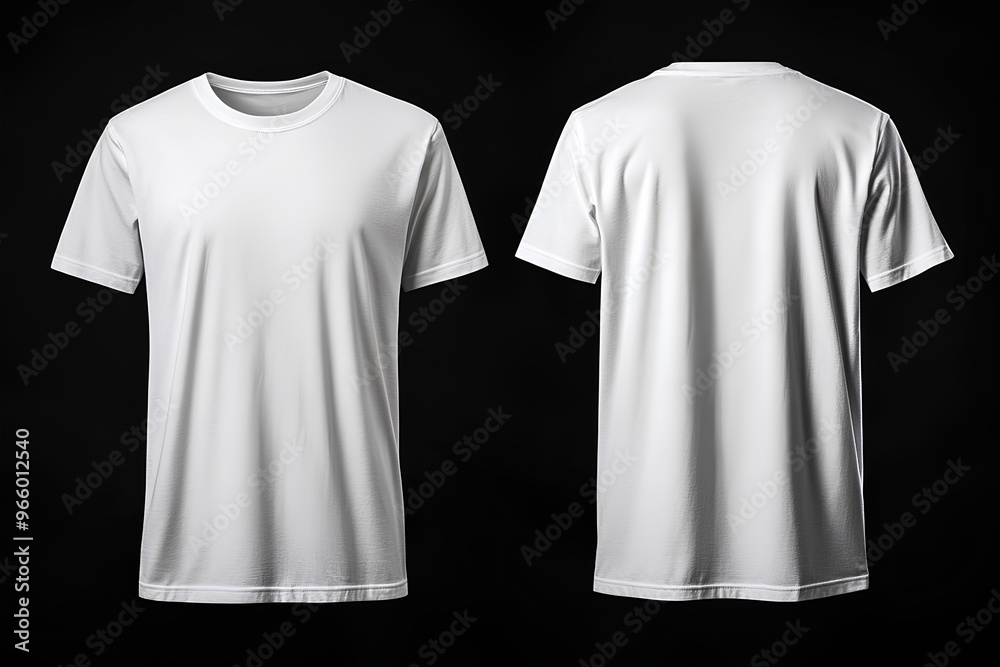 A plain white t-shirt displayed from front and back views on a black background. A plain white t-shirt displayed from front and back views on a black background.