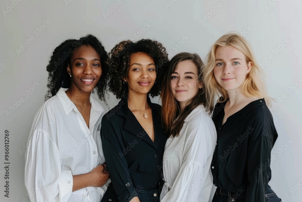 Four young women stand side-by-side, smiling and looking at the camera, captured in a moment of camaraderie Four young women stand side-by-side, smiling and looking at the camera, captured in a moment of camaraderie
