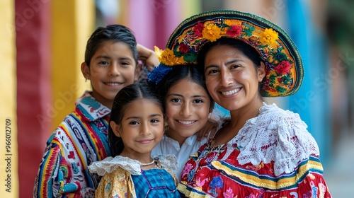 Hispanic Family in Traditional Ethnic Clothing Celebrating Colorful Festival