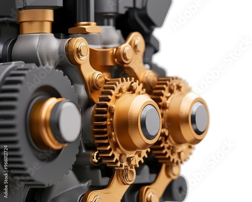 Close-up of a modern engine component showcasing detailed gears and mechanical craftsmanship.