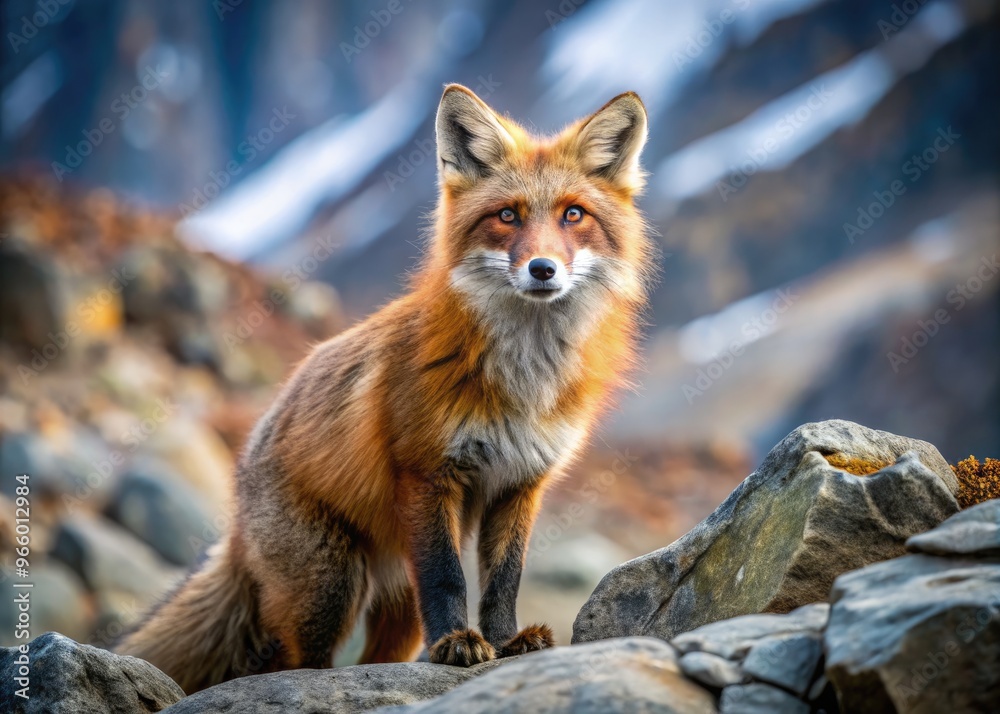 A Curious Himalayan Fox With Striking Red Fur Stands Alert Amidst A Rocky Landscape, Its Keen Eyes Scanning The Surroundings. A Curious Himalayan Fox With Striking Red Fur Stands Alert Amidst A Rocky Landscape, Its Keen Eyes Scanning The Surroundings.