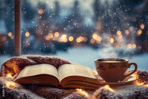 Cozy Winter Scene with a Cup of Tea, Book, and Lights