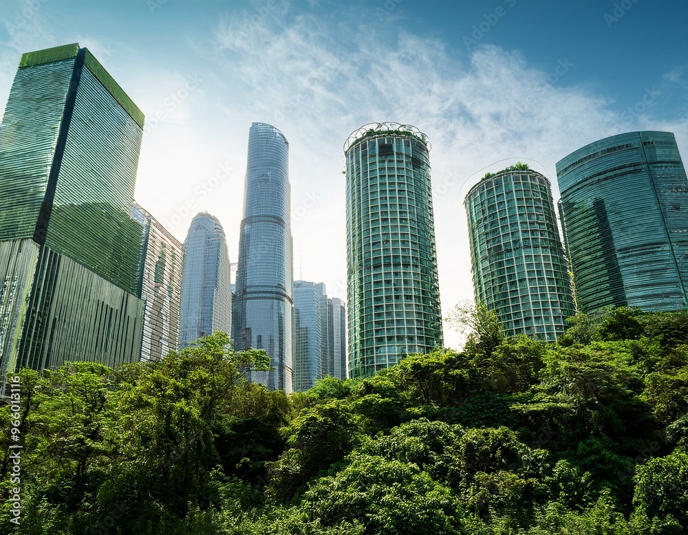 Overgrown skyscrapers amidst a lush, green landscape Overgrown skyscrapers amidst a lush, green landscape