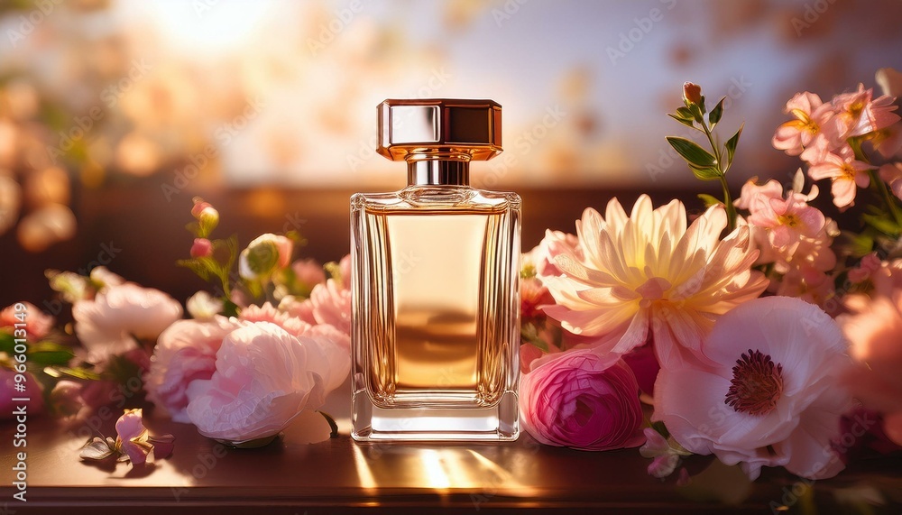 Perfume bottle surrounded by delicate flowers in soft, warm light