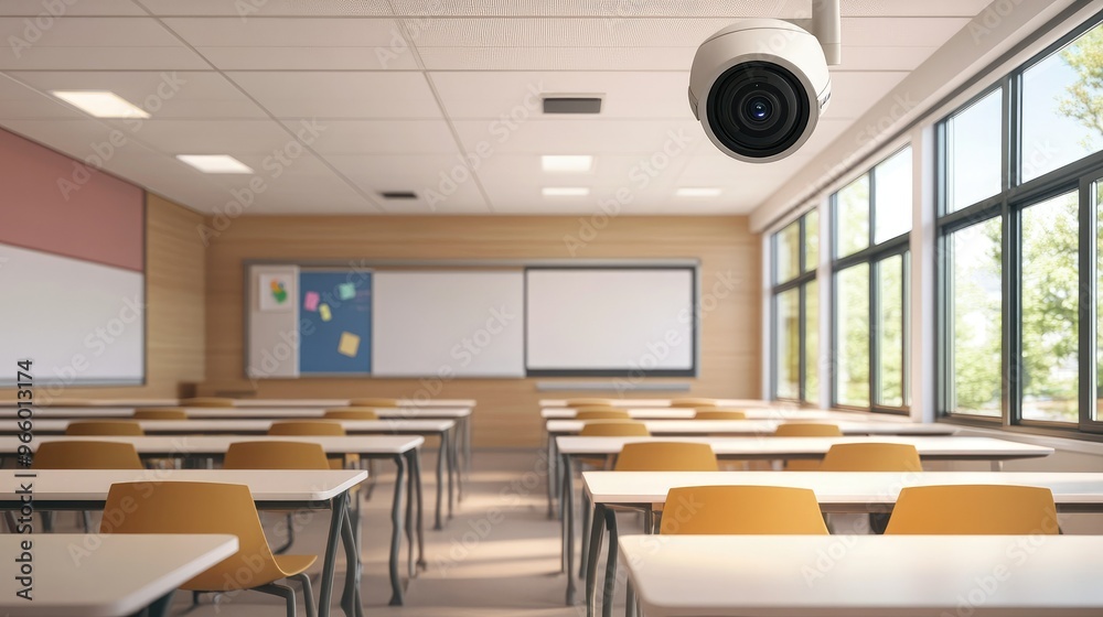 A modern classroom with a discreet CCTV camera in the corner, illustrating surveillance in educational settings. A modern classroom with a discreet CCTV camera in the corner, illustrating surveillance in educational settings.