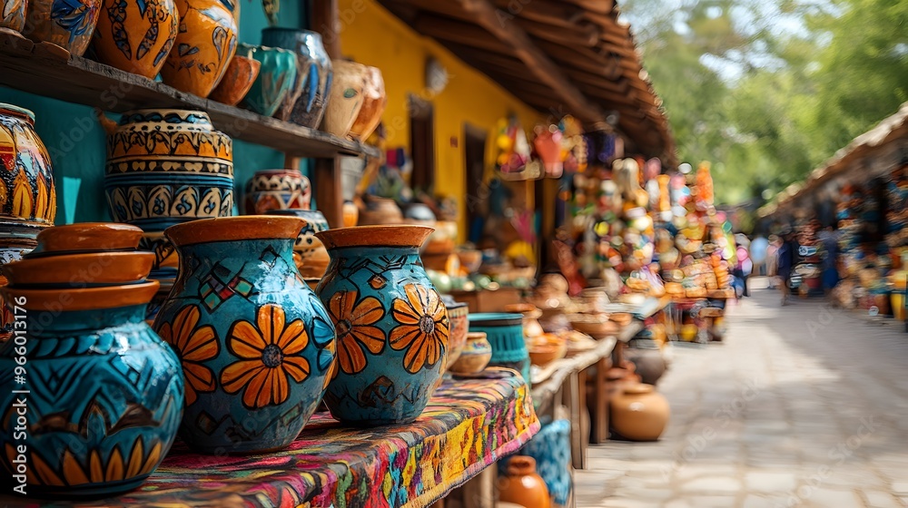 Vibrant Outdoor Marketplace with Handmade Crafts and Pottery on Display Vibrant Outdoor Marketplace with Handmade Crafts and Pottery on Display