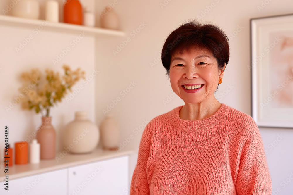 A warm and inviting portrait of a cheerful, mature Asian woman with short, stylish hair smiling radiantly in a cozy, domestic setting filled with plants and decor A warm and inviting portrait of a cheerful, mature Asian woman with short, stylish hair smiling radiantly in a cozy, domestic setting filled with plants and decor