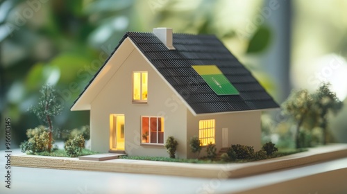 A model house with an energy rating label, illustrating the concept of ecological renovation for a more sustainable home.