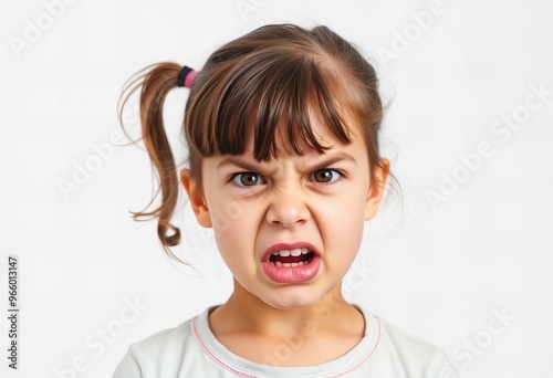  little girl with a ponytail in a white shirt making a face.