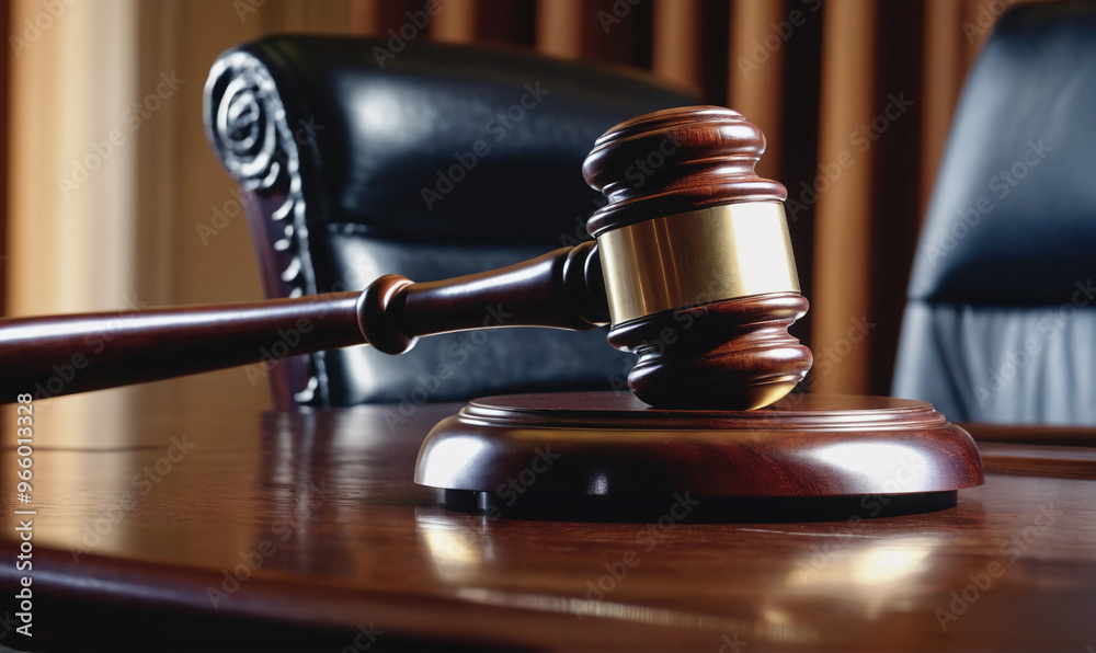 A wooden gavel rests on a sound block in a courtroom A wooden gavel rests on a sound block in a courtroom