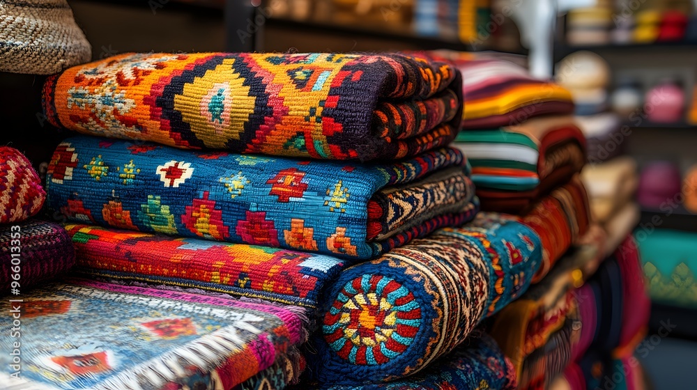 Fototapeta premium Vibrant Traditional Hispanic Textiles on Display at a Lively Market