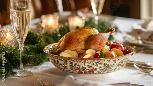A festive table setting featuring a roasted turkey with fresh fruits during a...